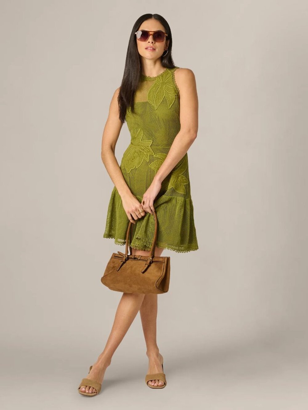 Adrianna Adrianna Papell Cotton Mesh Floral Short Dress In Dark Moss 12 NWT